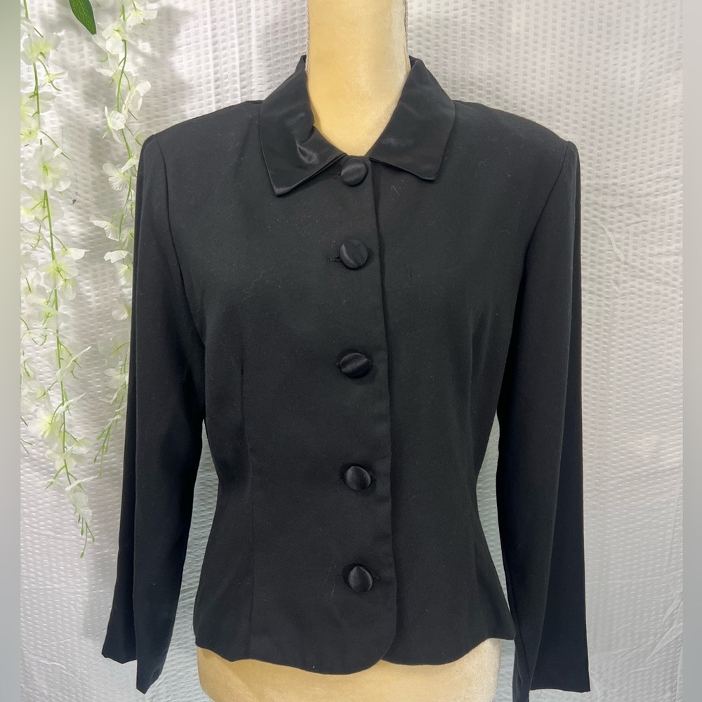 Vintage 90s Jonathan Martin Womens Black Satin Collared Fitted Blazer Size 11